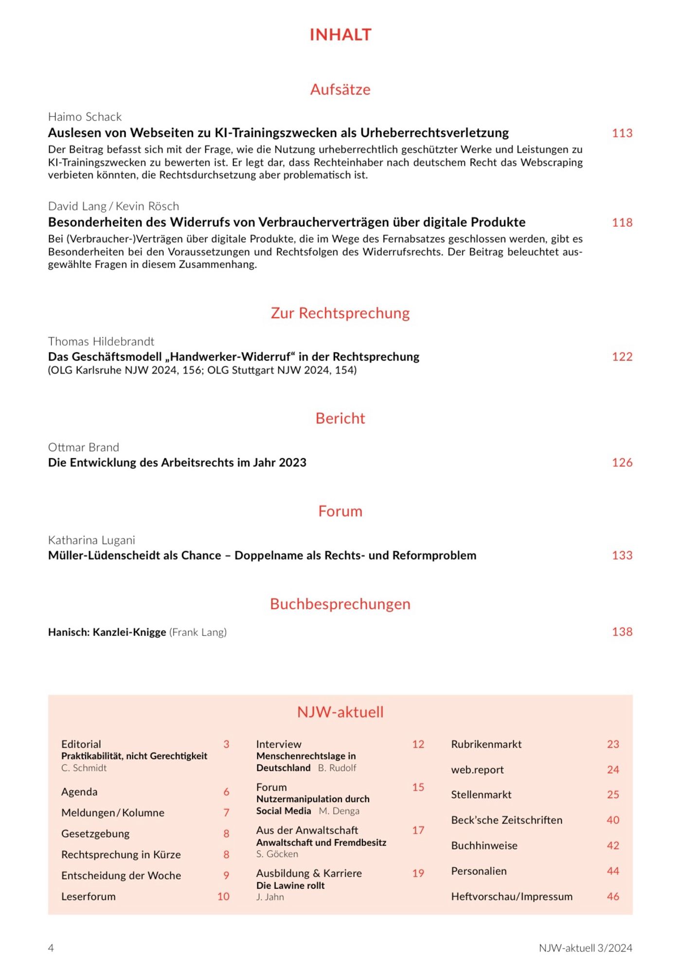 Seite 1 des Inhaltsverzeichnisses der NJW 3/2024