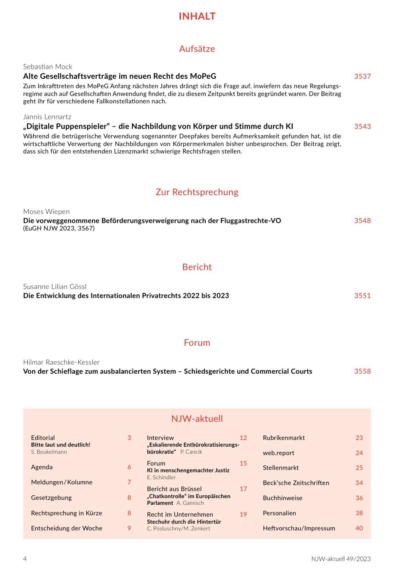 Seite 1 des Inhaltsverzeichnisses der NJW 49/2023