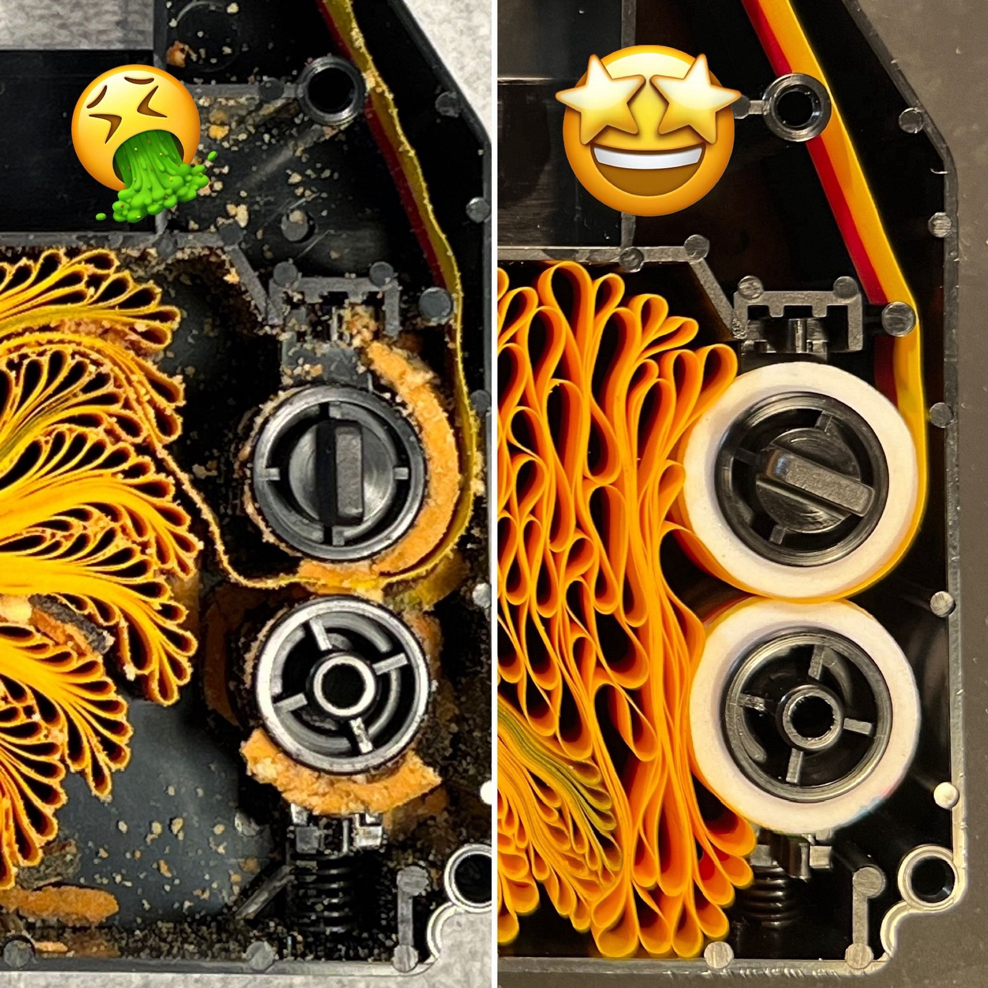 A composite of two images of the inside of ImageWriter II color ribbons. On the left shows disintegrated foam everywhere and a puke emoji. On the right is clean with new rollers and a starry eyed emoji.