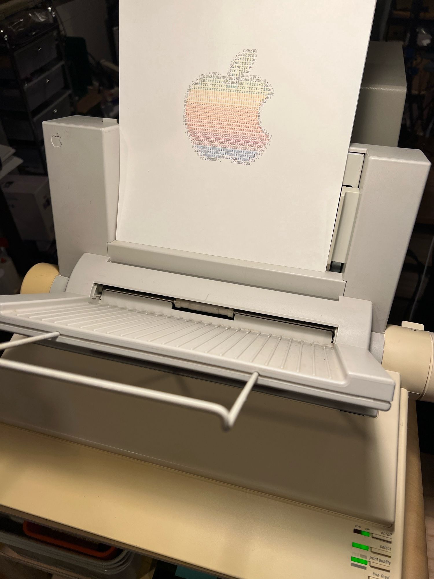 Color Apple logo on paper on an ImageWriter II printer with sheet feeder