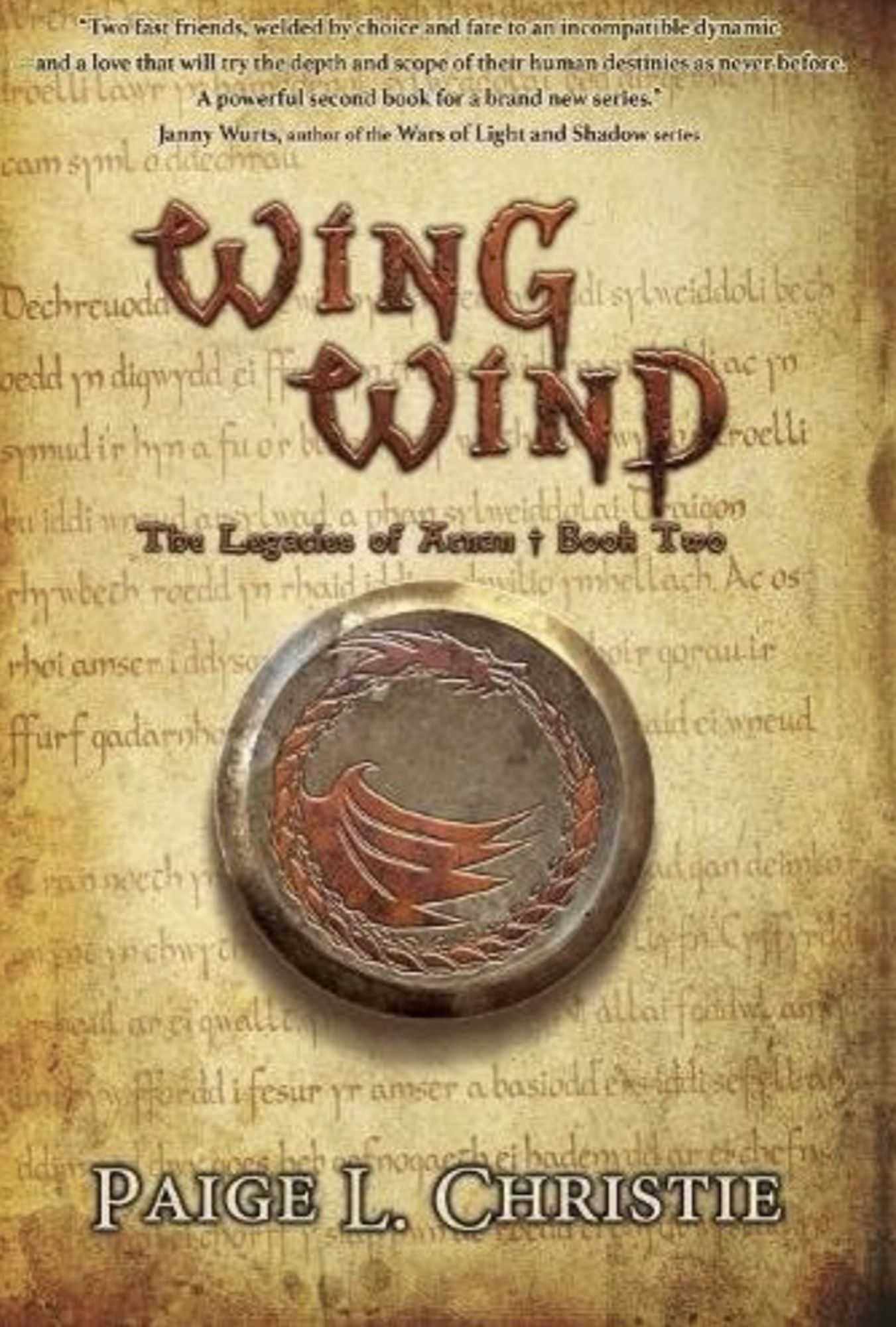 Cover of Wing Wind by Paige L. Christie. Parchment covered in writing background. Red title lettering with Ouroborus Dragon center medallion.