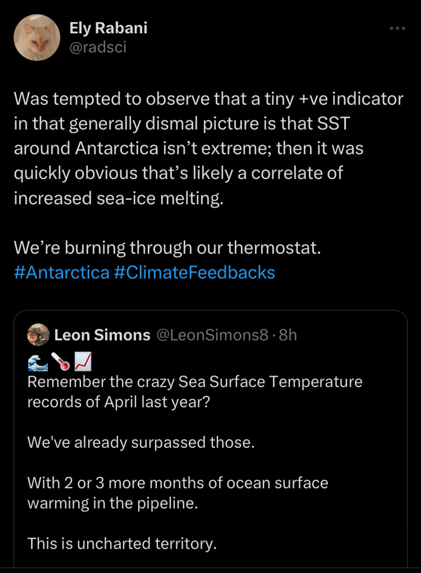 Was tempted to observe that a tiny +ve indicator in that generally dismal picture is that SST around Antarctica isn’t extreme; then it was quickly obvious that’s likely a correlate of increased sea-ice melting.

We’re burning through our thermostat.
#Antarctica #ClimateFeedbacks