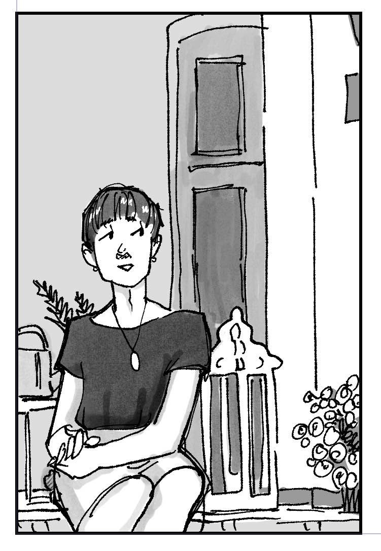 A comic panel in greyscale, showing a person sitting on a porch, talking and smiling at something out of frame.