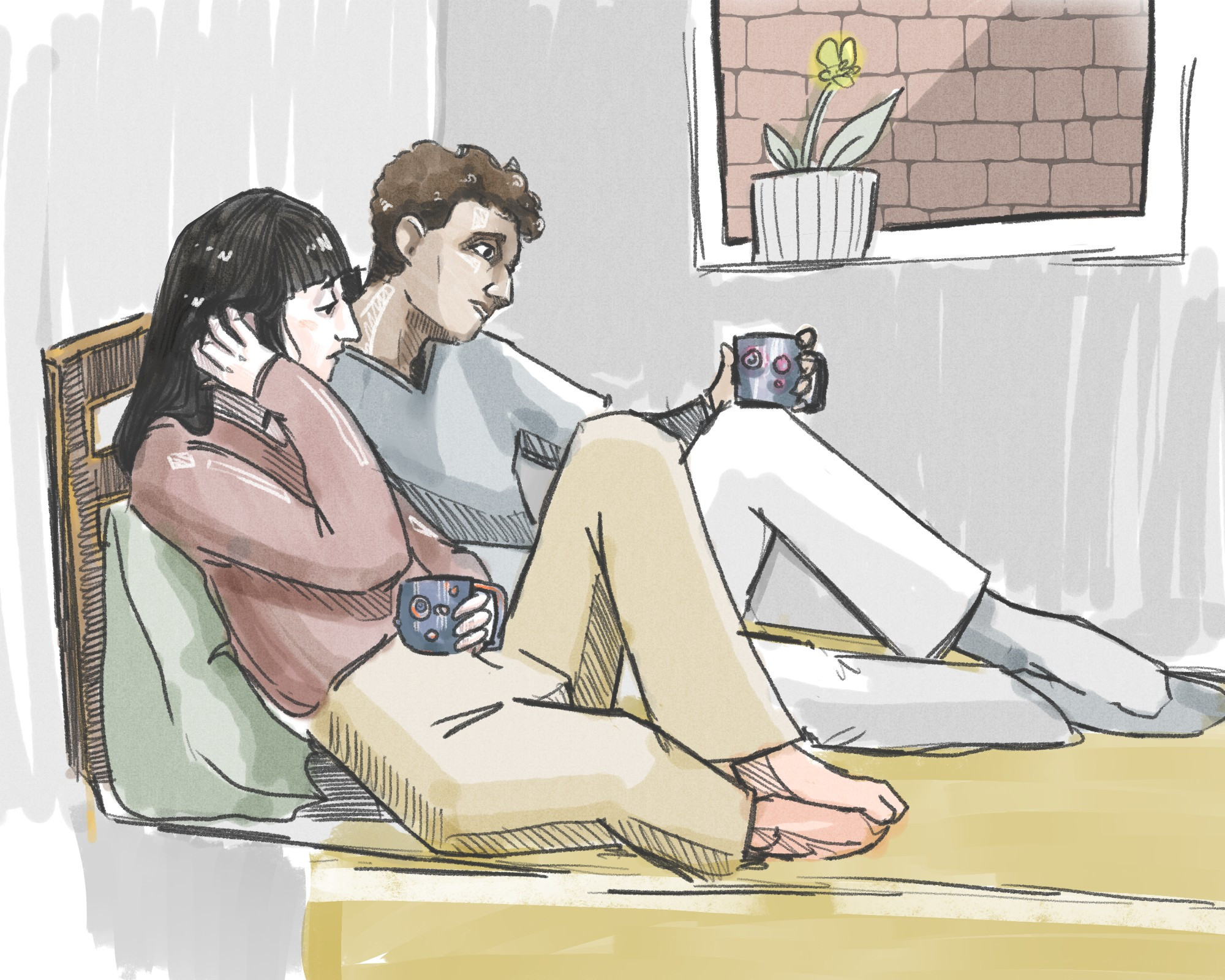 A digital sketch of two people chatting on a bed and drinking hot cocoa.