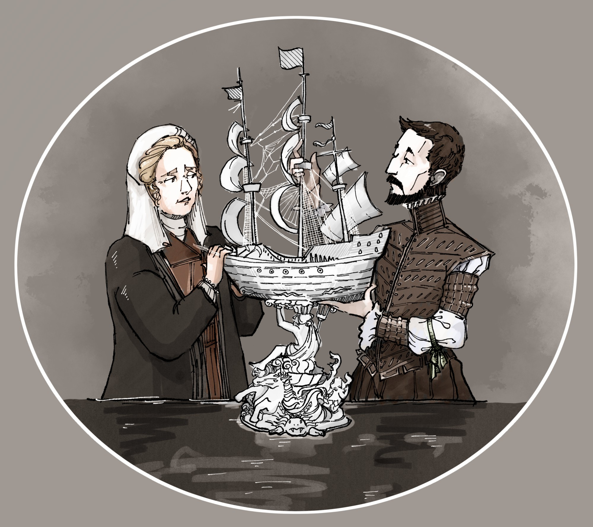 A digital drawing of Mary the governor of the Netherlands and Ruy Gomez the Spanish courtier examining a model ship.