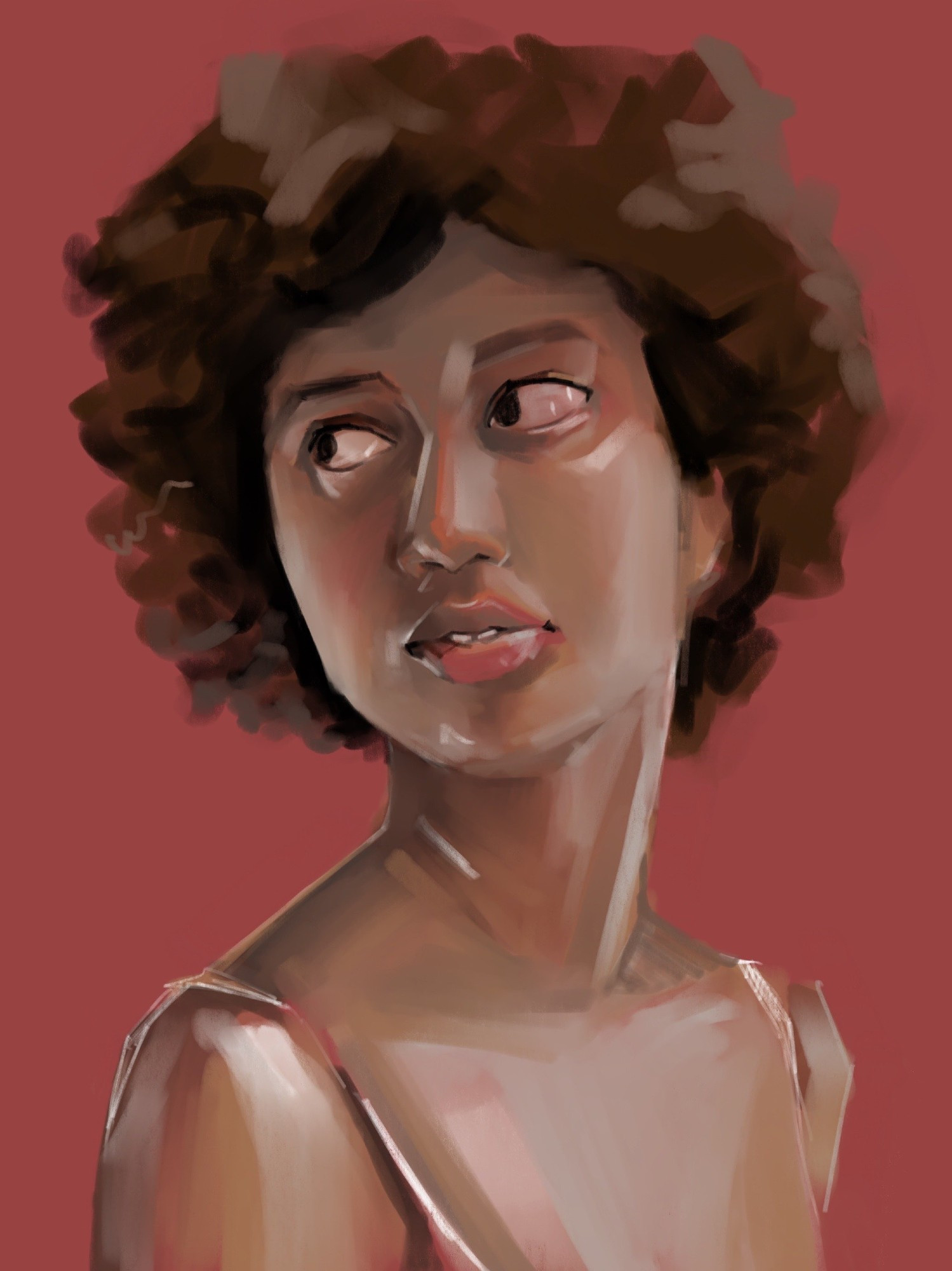 A portrait of a curly haired woman on a red background 