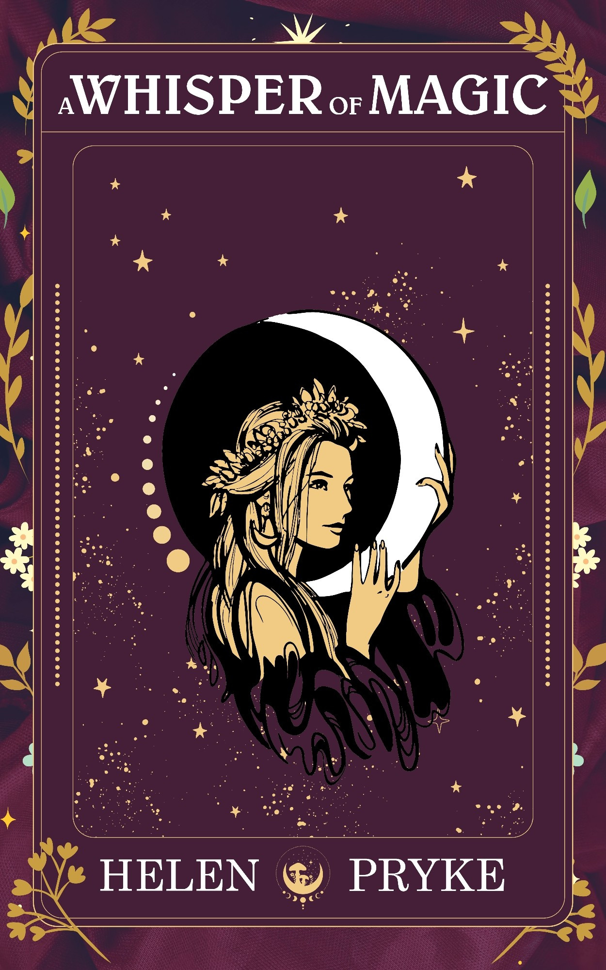 Photo shows the cover of A Whisper Of Magic, with a woman holding a crescent moon on a tarot card, and a purple and yellow background.