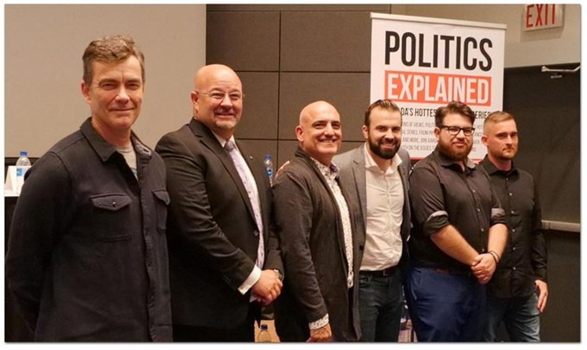 Dr Julian Somers (SFU), Ralph Kaisers (Vancouver Police Union President), Giuseppe Ganci (Last Door recovery, Talk Recovery radio), Aaron Gunn (BC Conservatives, BC Proud), Angelo Isidorou (BC Conservatives, BC Proud), and unknown

at SFU screening of Gunn's documentary 'Vancouver is Dying'