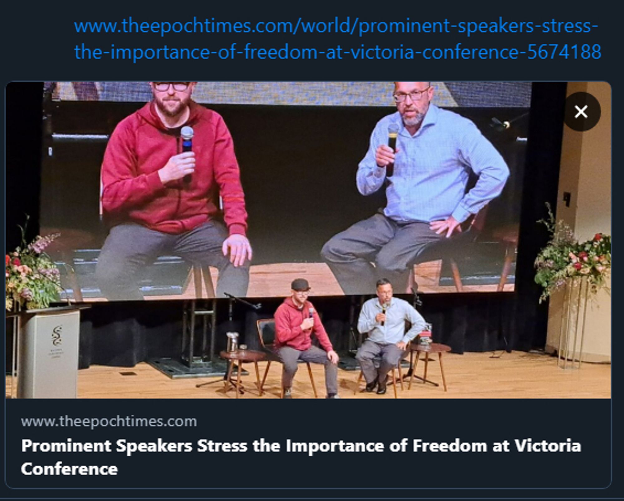 www.theepochtimes.com/world/prominent-speakers-stress-the-importance-of-freedom-at-victoria-conference-5674188

Prominent Speakers Stress the Importance of Freedom at Victoria Conference

Social media content creators Clyde Nichols and Martin Belanger [Martyupnorth] speak at the Reclaiming Canada Conference in Victoria, B.C., on June 22, 2024. Jeff Sandes/The Epoch Times

VICTORIA—The third annual Reclaiming Canada conference was held in Victoria June 22 and 23 to a weekend crowd of approximately 1,000 people, with speakers from Canada, the United States, and even Europe.

Hosted at the Victoria Conference Centre by citizen group We Unify, the conference featured a line-up of prominent speakers primarily with backgrounds in law, medicine, and social media to discuss issues related to freedoms.

Conference volunteer Katrina Panova, better known as Kat Kanada, who has built a career on social media, said due to having fled Soviet-controlled Moldova with her family when she was 11