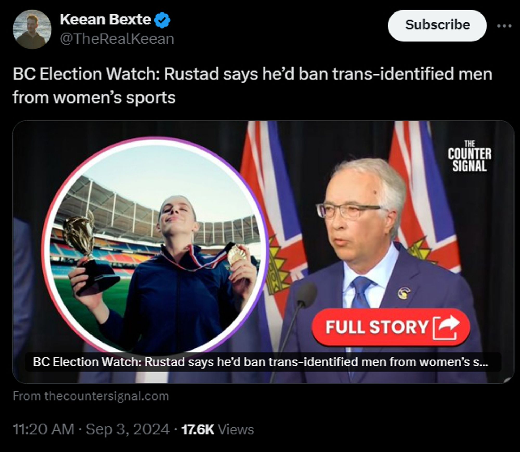 https://x.com/TheRealKeean/status/1831034631774523620

Keean Bexte
@TheRealKeean
BC Election Watch: Rustad says he’d ban trans-identified men from women’s sports
From thecountersignal.com
11:20 AM · Sep 3, 2024
·
17.6K
 Views