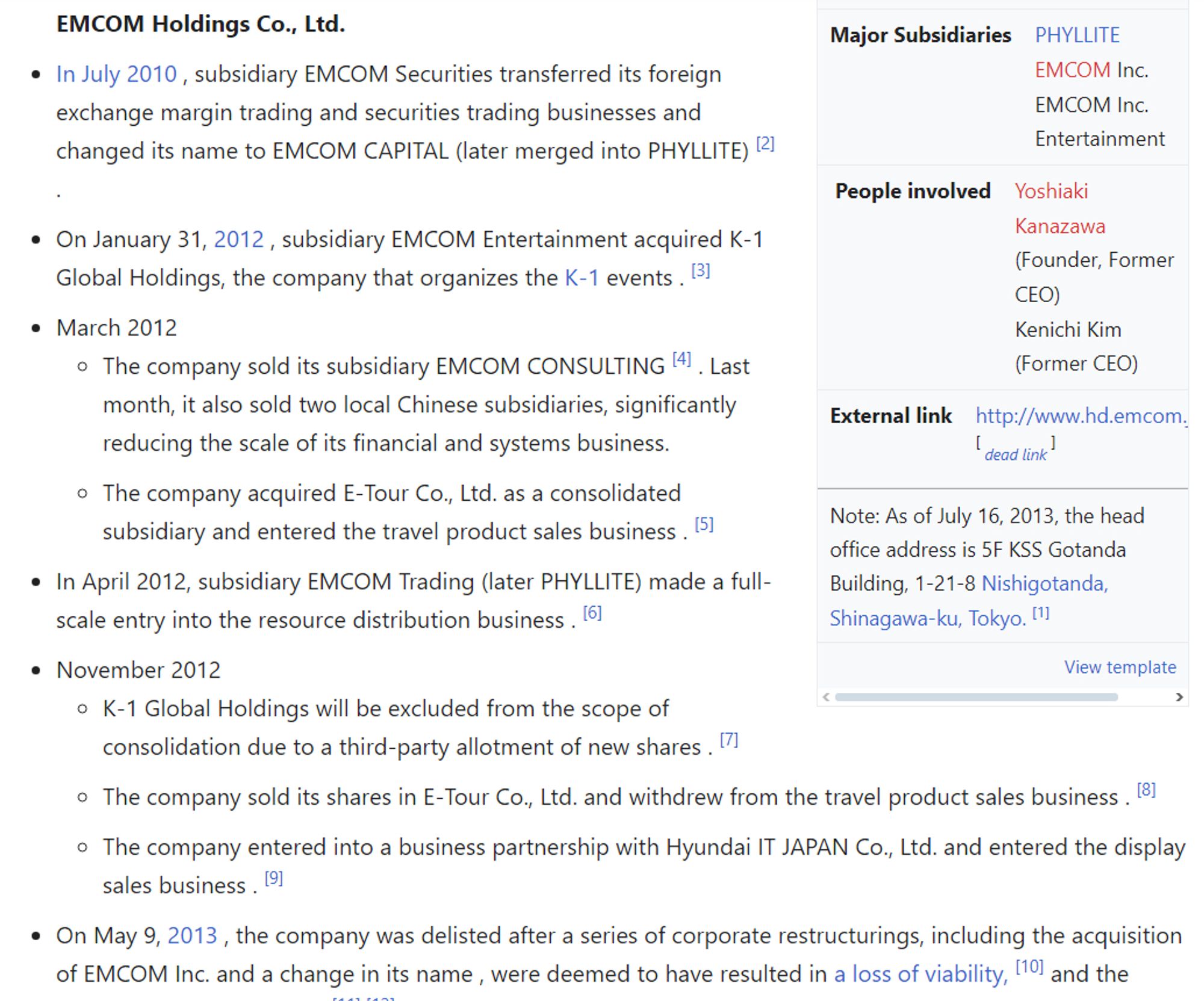 https://ja.wikipedia.org/wiki/EMCOMホールディングス

On January 31, 2012 , subsidiary EMCOM Entertainment acquired K-1 Global Holdings, the company that organizes the K-1 events

http://www.hd.emcom.jp/pdf/20120131_001.pdf