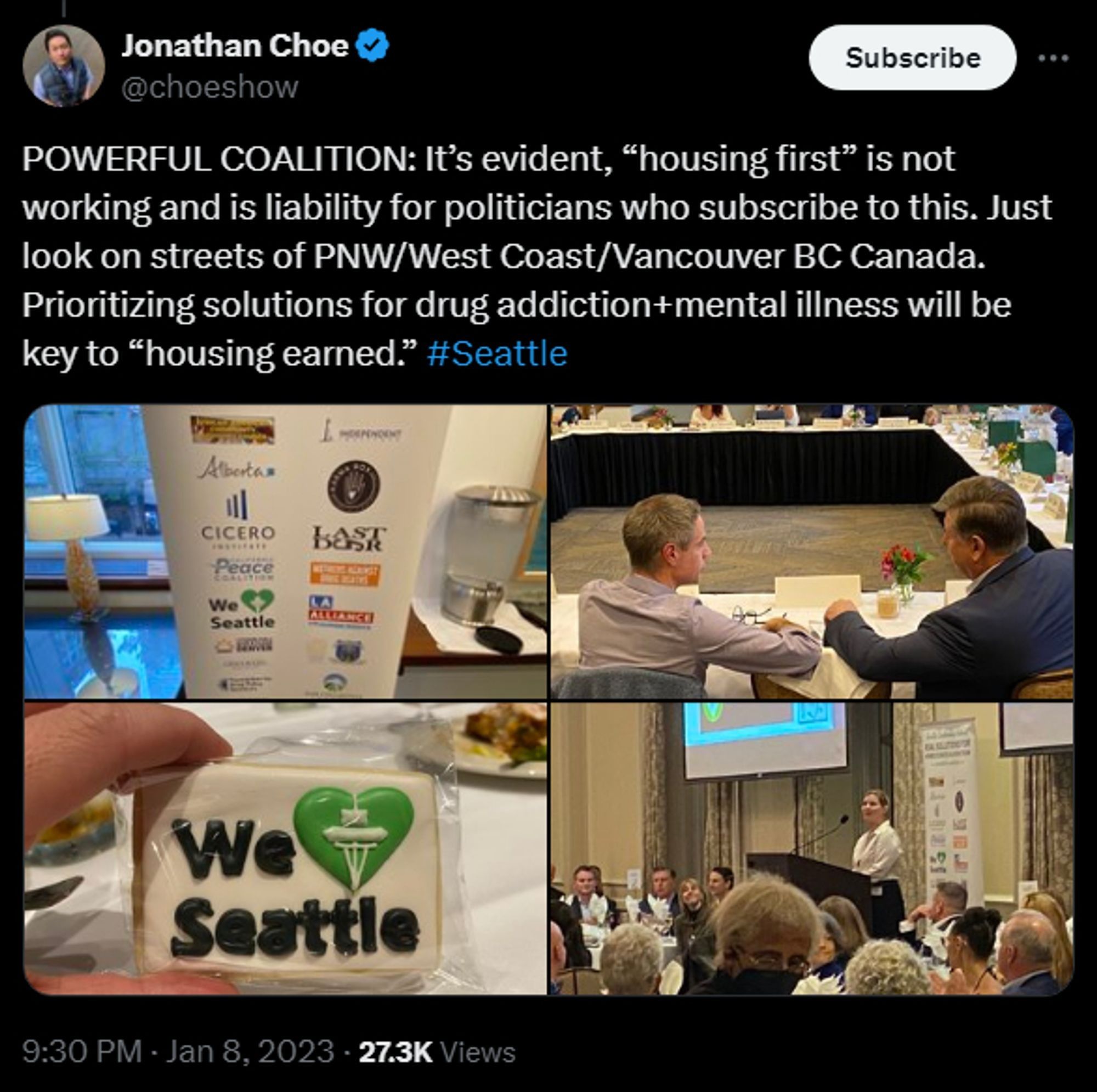 Jonathan Choe
@choeshow
POWERFUL COALITION: It’s evident, “housing first” is not working and is liability for politicians who subscribe to this. Just look on streets of PNW/West Coast/Vancouver BC Canada. Prioritizing solutions for drug addiction+mental illness will be key to “housing earned.” #Seattle
9:30 PM · Jan 8, 2023

https://x.com/choeshow/status/1612321014540832770