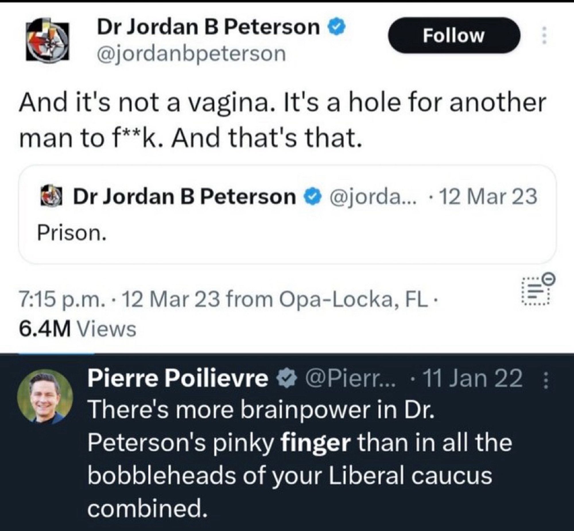 Dr Jordan B Peterson •
Follow
@jordanbpeterson
And it's not a vagina. It's a hole for another
man to f**k. And that's that.
A Dr Jordan B Peterson • @jorda... • 12 Mar 23
Prison.
7:15 p.m. • 12 Mar 23 from Opa-Locka, FL •
6.4M Views
Pierre Poilievre v @Pierr... • 11 Jan 22 :
There's more brainpower in Dr.
Peterson's pinky finger than in all the
bobbleheads of your Liberal caucus
combined.