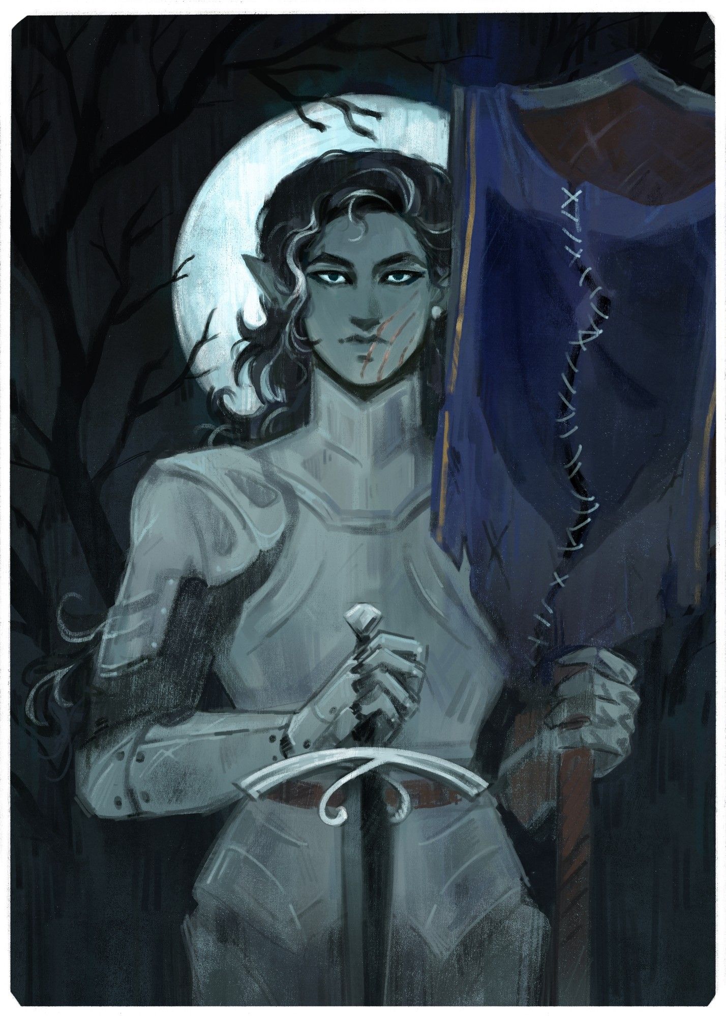 a digital illustration of a gray-skinned elf with light eyes and a stern expression. she is holding a standard that has been torn in half and repaired, and a long sword in front of her. she wears plate armor and stands in front of a spooky monochrome forest, framed by the moon.