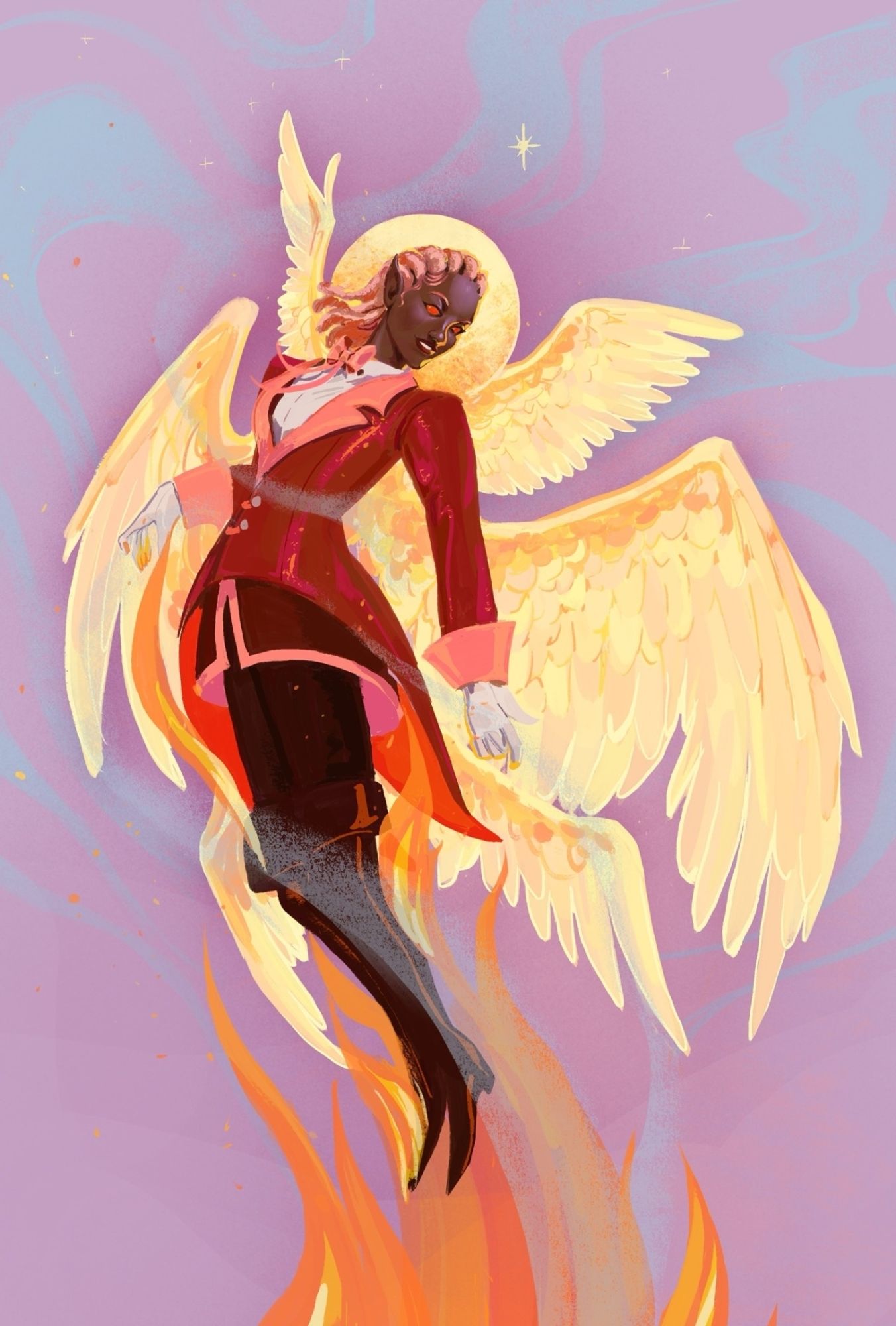 a digital illustration of a dark-skinned elf with six golden wings and pink locs, framed by a golden halo. she is wearing bright, tailored clothing, and hovering over a fire with smoke trailing off her body.