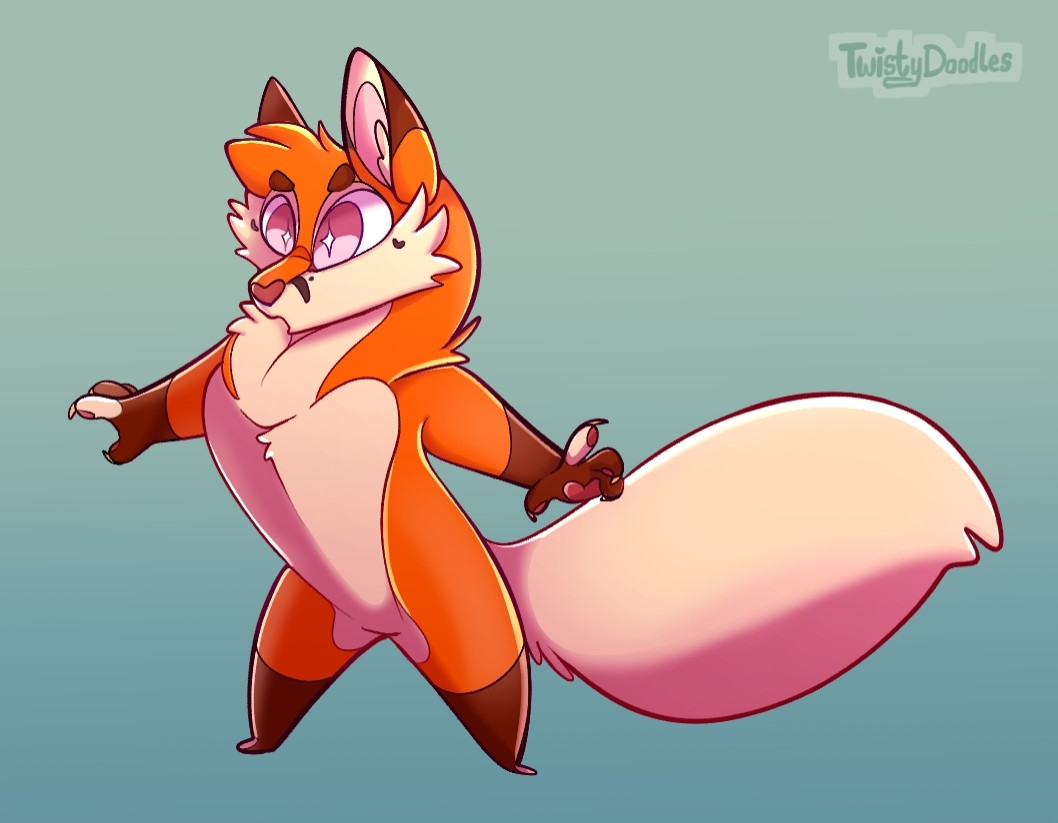 A colorful orange and cream fox with toony proportions and a wide stance, standing with arms out and an "Ooh!" Expression.