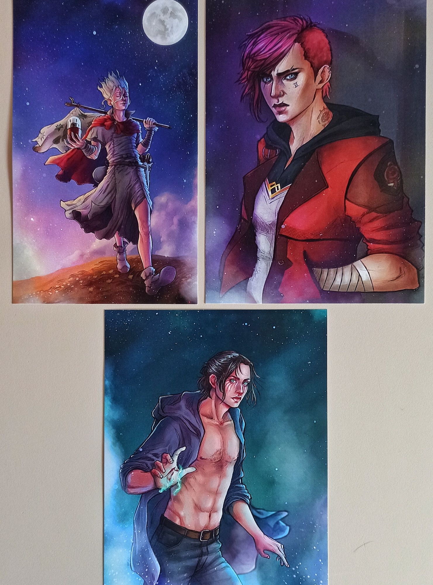 Prints de mis ilustraciones de Senku (Dr. Stone), Vi (Arcane) y Eren (shingeki)