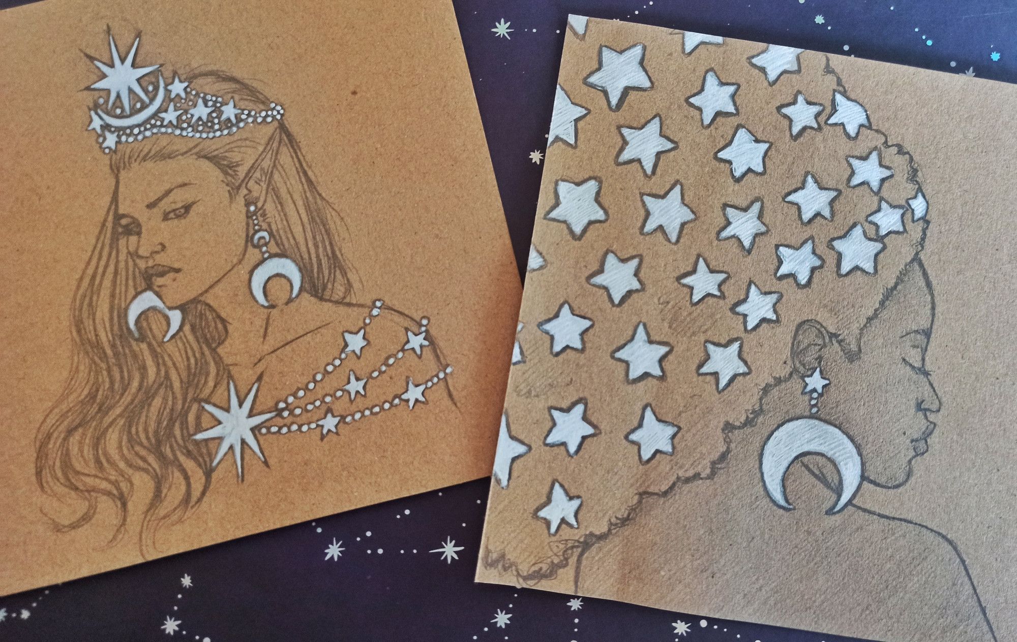 Ilustraciones originales de dos muchachas con adornos de estrellas y lunas