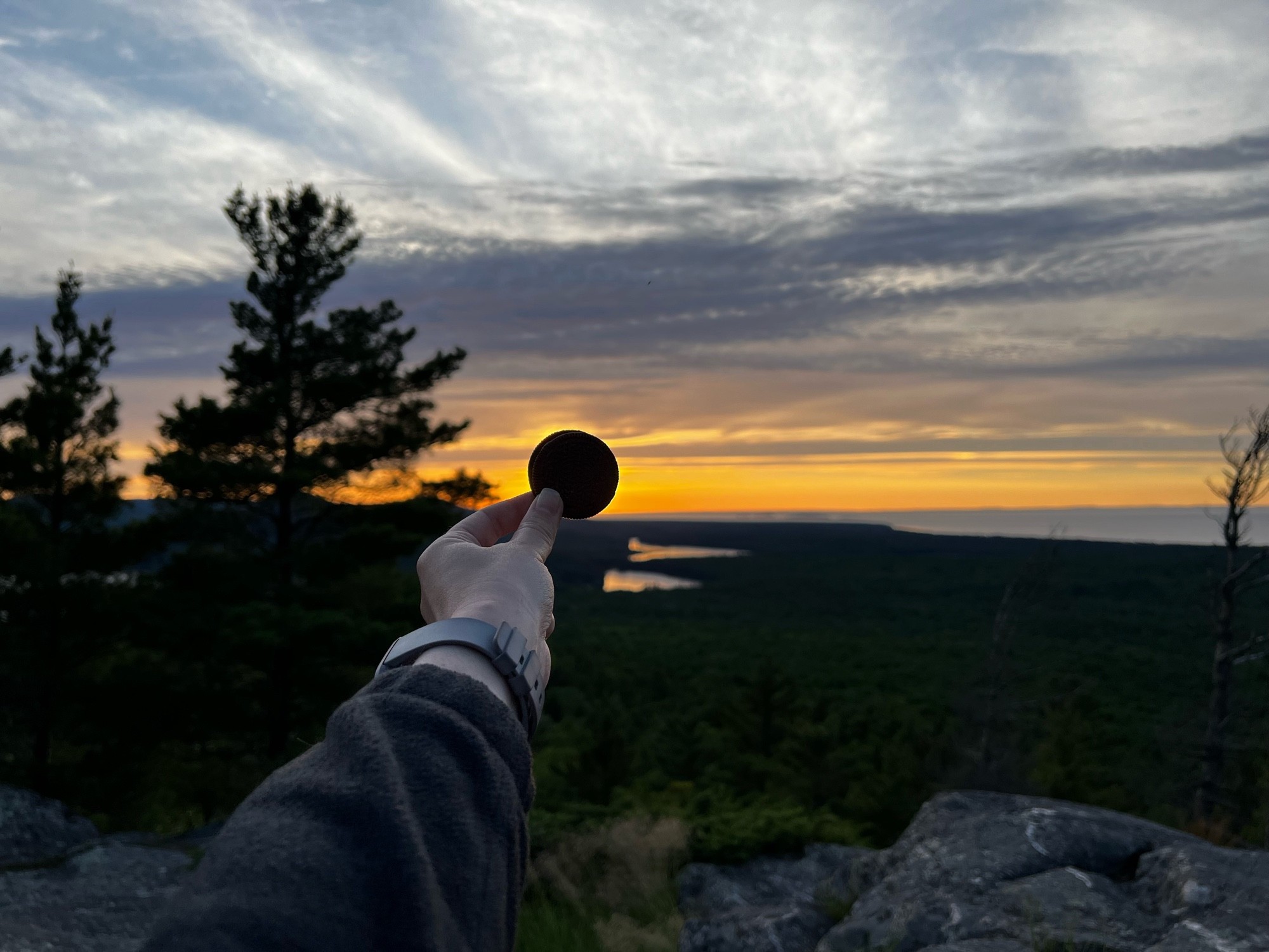 An Oreo cookie being held up in from of a setting sun to look like a solar eclipse.