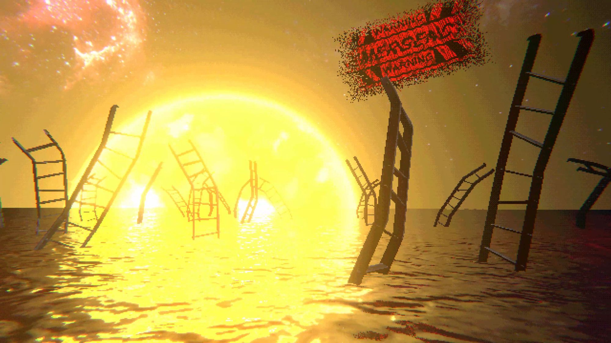 An extended metaphor, broken ladders extending from the water with warning signs as a gargantuan sun looms in the distance.