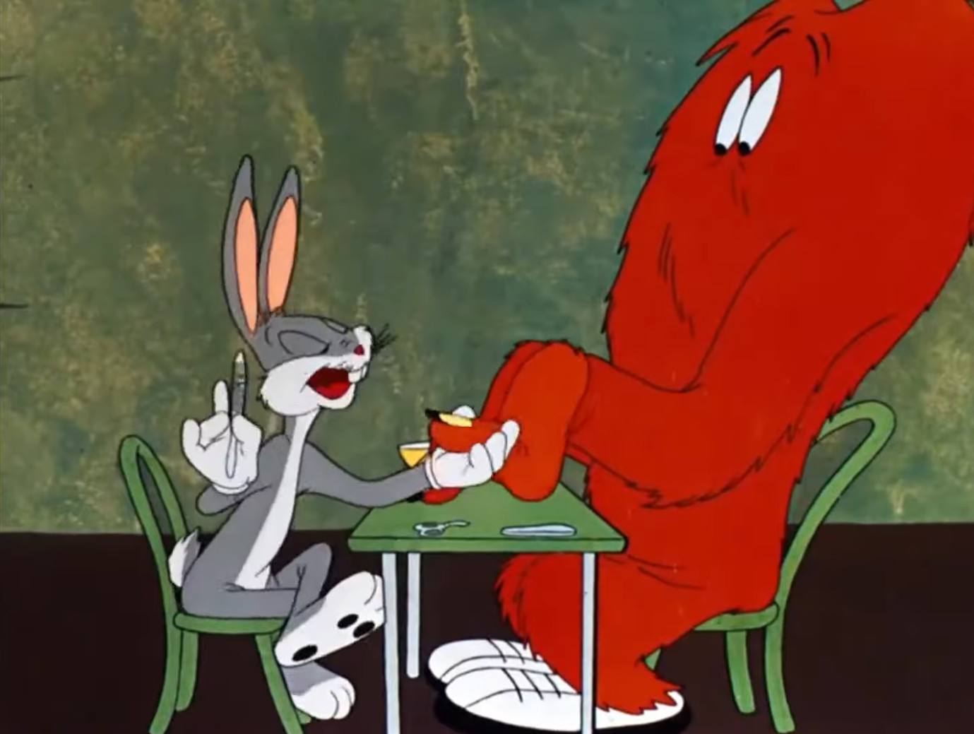 bugs bunny in the bit where she does gossamer's nails in a super gay way