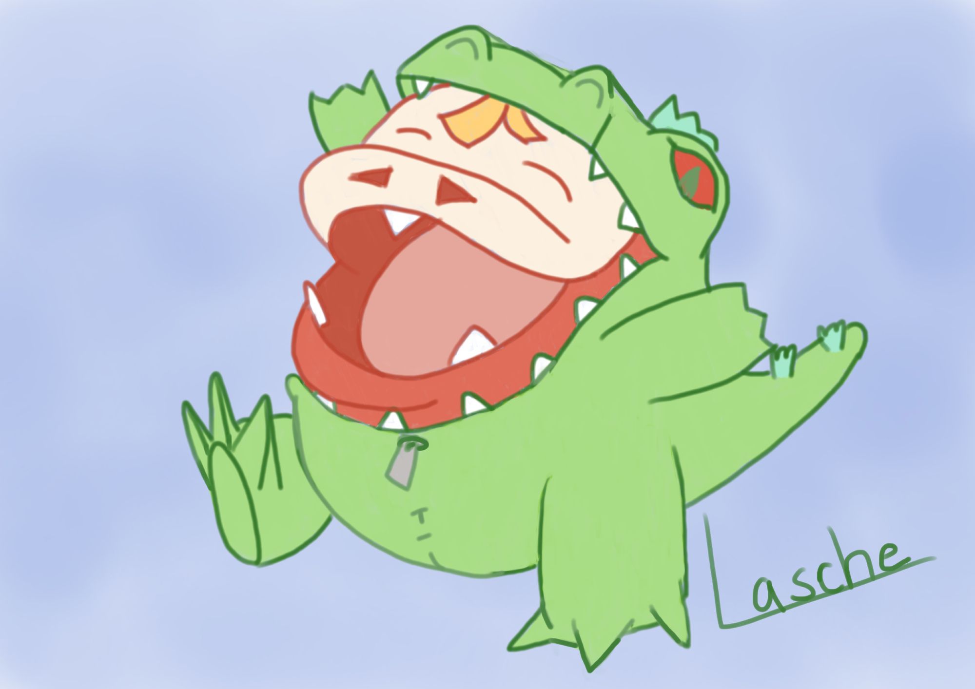 Fuecoco in a Reptar costume having the time of his life