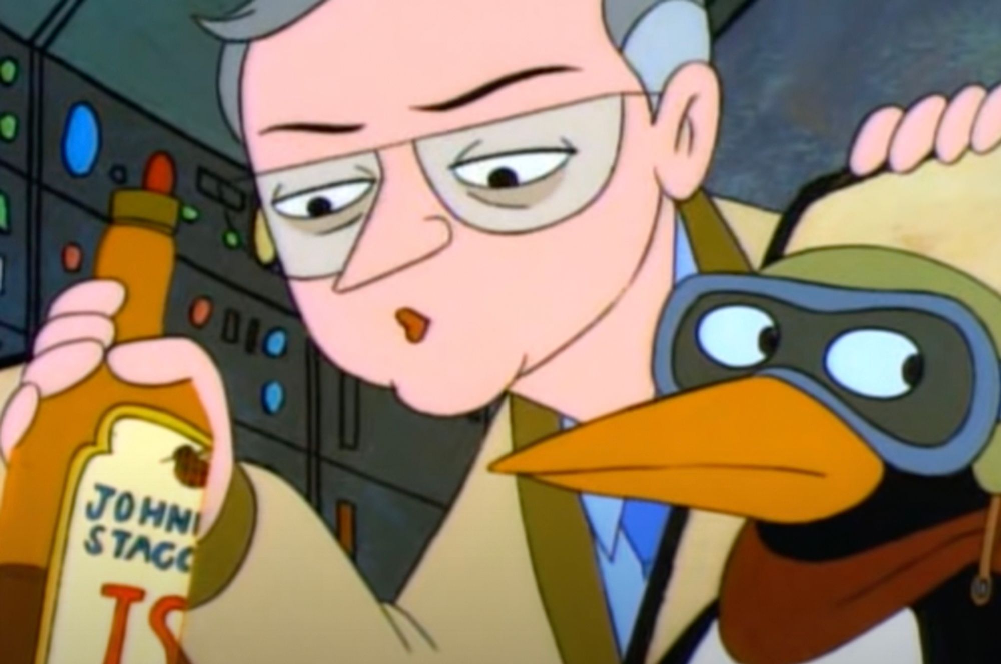 Still from the television show The Critic showing Franklin Sherman holding a liquor bottle next to a penguin who is in the pilot seat of a plane. The penguin is wearing a flight helmet, goggles and a bandana