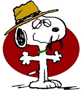 An illustration of the peanuts character Spike a beagle dog like snoopy but skinnier with a mustache, hat and half lidded eyes