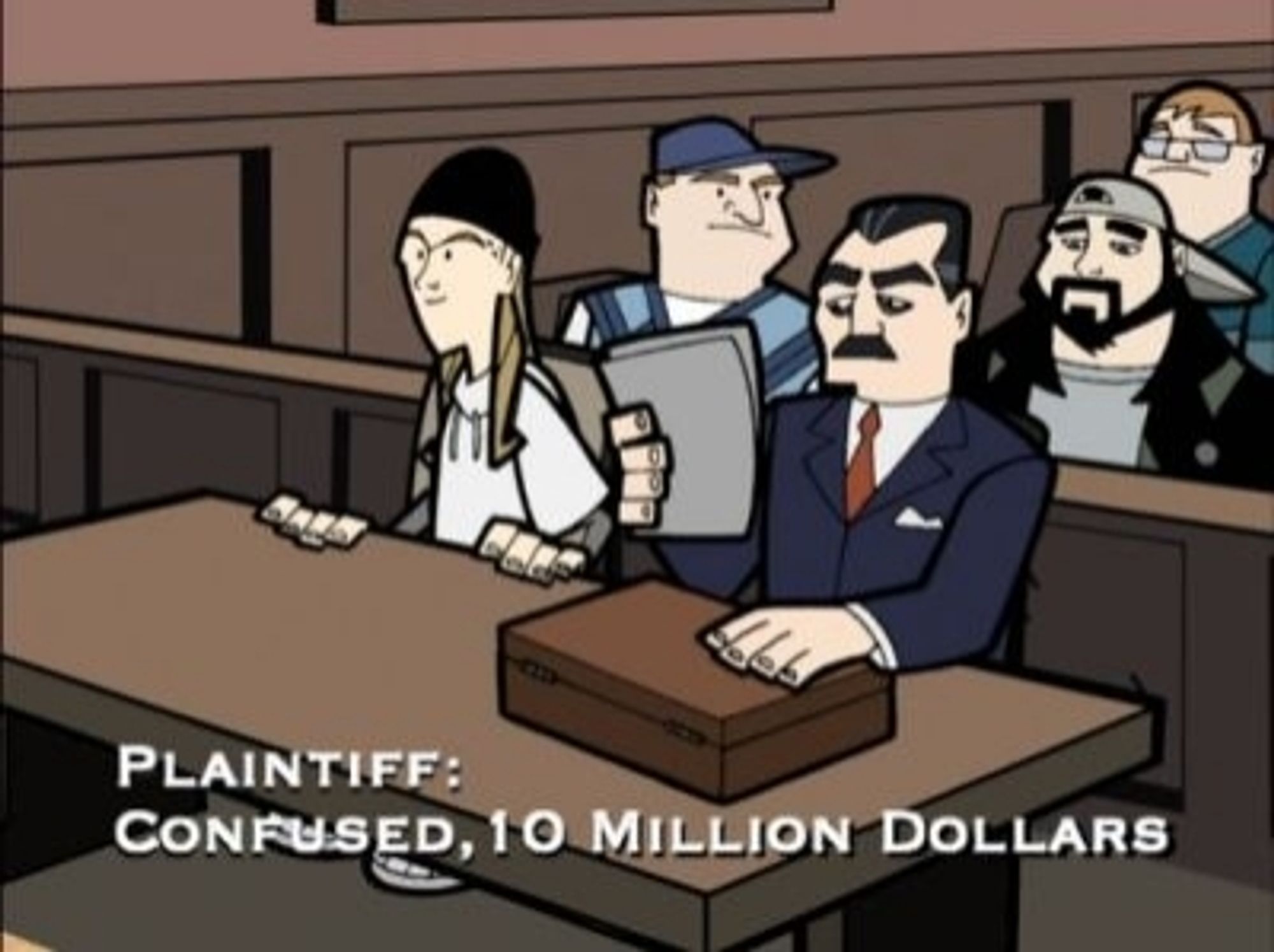 Still from the clerks animated series snowing Jay sitting in court with a lawyer. Text reads 
Plantiff:
Confused, 10 million dollars