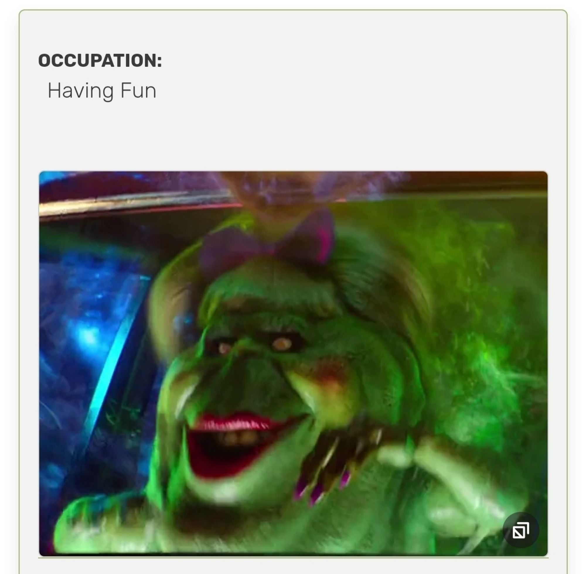 A screenshot from the ghostbusters wiki showing the picture of lady slimer with her occupation listed as "having fun"