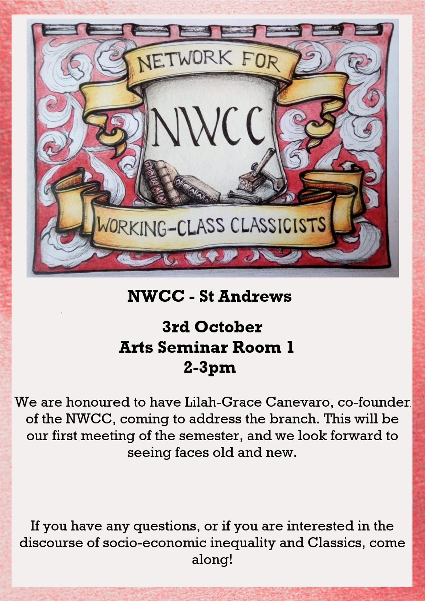 NWCC flag, with meeting details as in post, followed by text: "We are honoured to have Lilah-Grace Canevaro, co-founder of the NWCC, coming to address the branch. This will be our first meeting of the semester, and we look forward to seeing faces old and new. If you have any questions, or if you are interested in the discourse of socio-economic inequality and Classics, come along!"