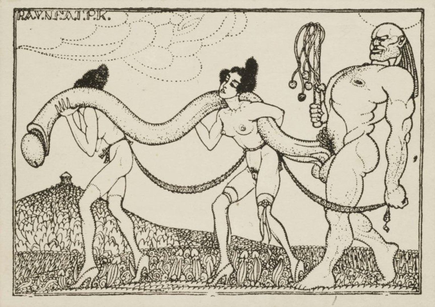 A man with a gigantic ten foot flaccid penis being carried by slave girls. It's kind of gross.