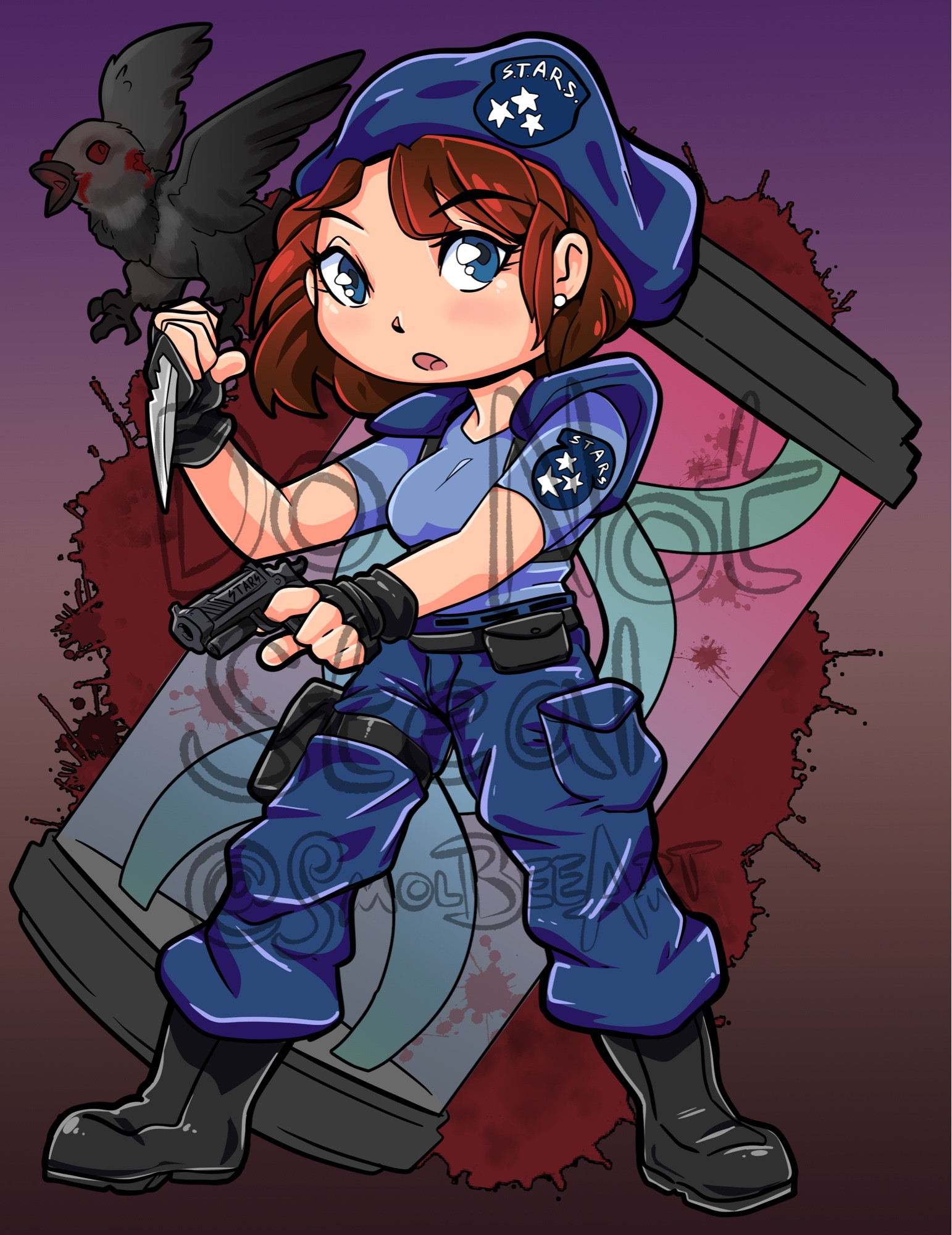 Young brunette cop, Jill valentine in blue uniform, holding a pistol with one hand and knife in the other. 
Huge t virus vial and zombie crow with Bloody background.