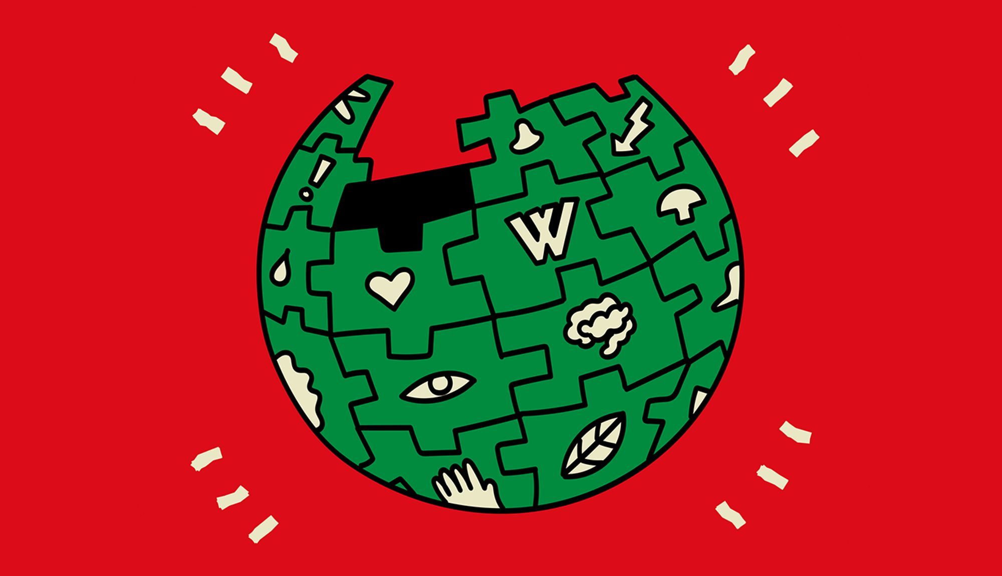 A hand drawn illustration of the Wikipedia logo shown in dark green with icons shown in a light tan colour. It is placed on a bright red background with four sets.