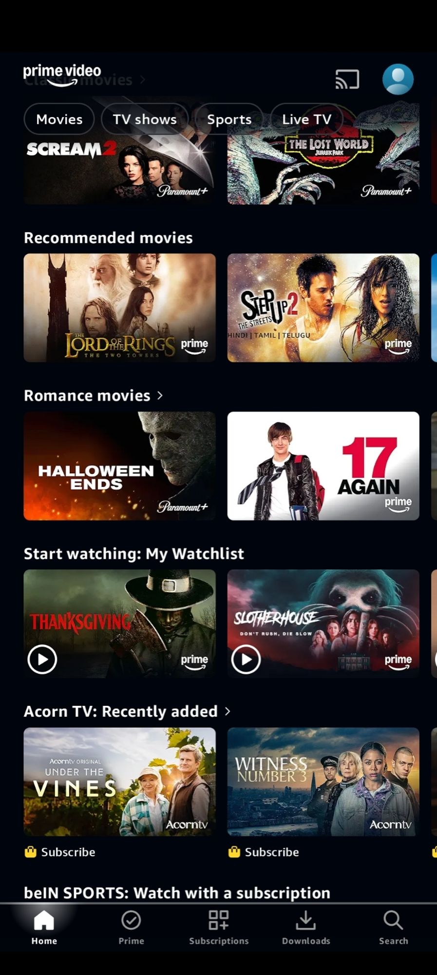 The home screen of the Prime Video app showing Halloween Ends in the Romance category.