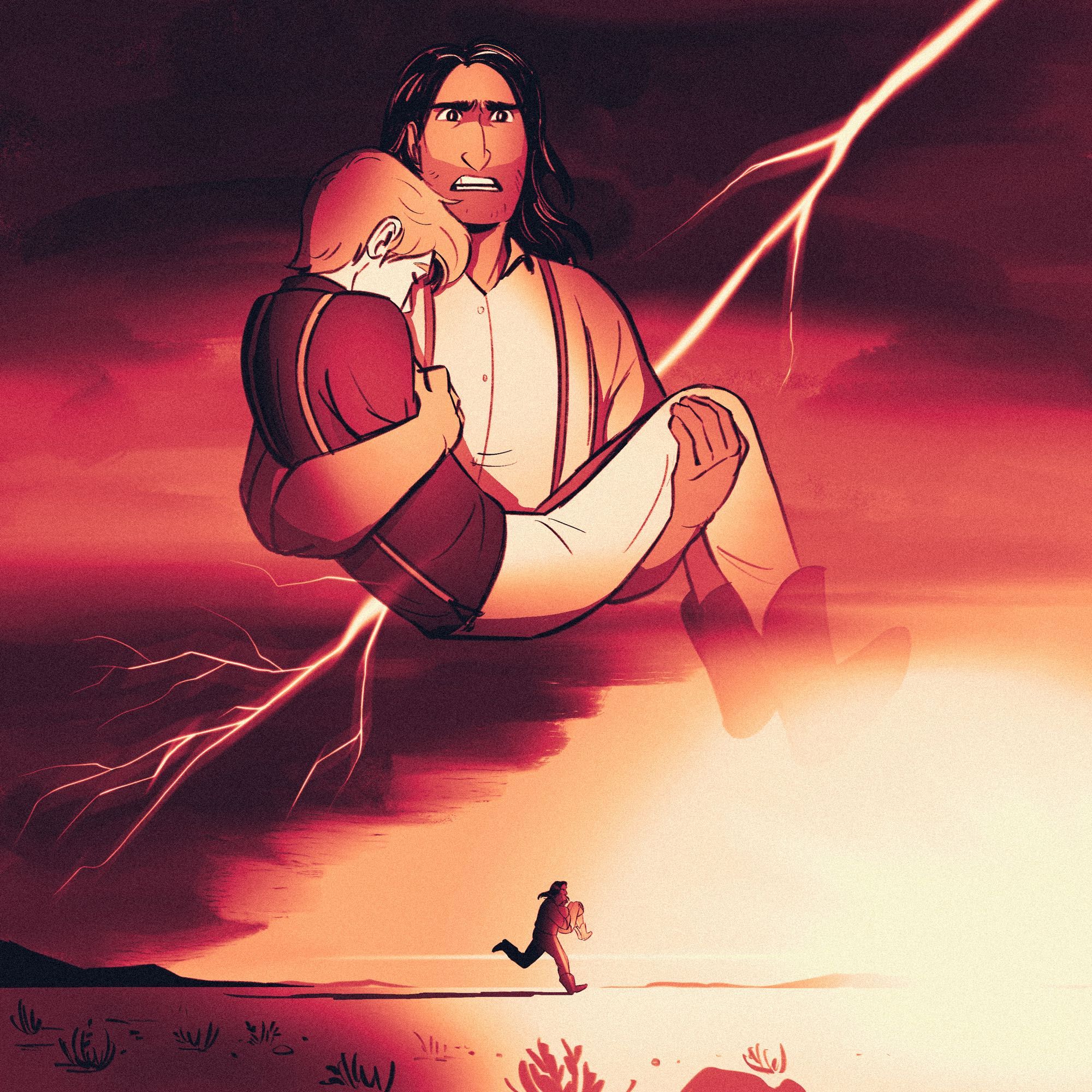 Digital illustration: In the top portion of the image, Clare holds Wyatt bridal-style in his arms, gazing forward determinedly while dark storm clouds billow behind him. Below, the scene fades into a wide-angle view of Clare, little more than a silhouette, running with Wyatt across a vast open space toward the sunset, pursued by storm clouds. A long branch of lightning cuts across the entire image diagonally.