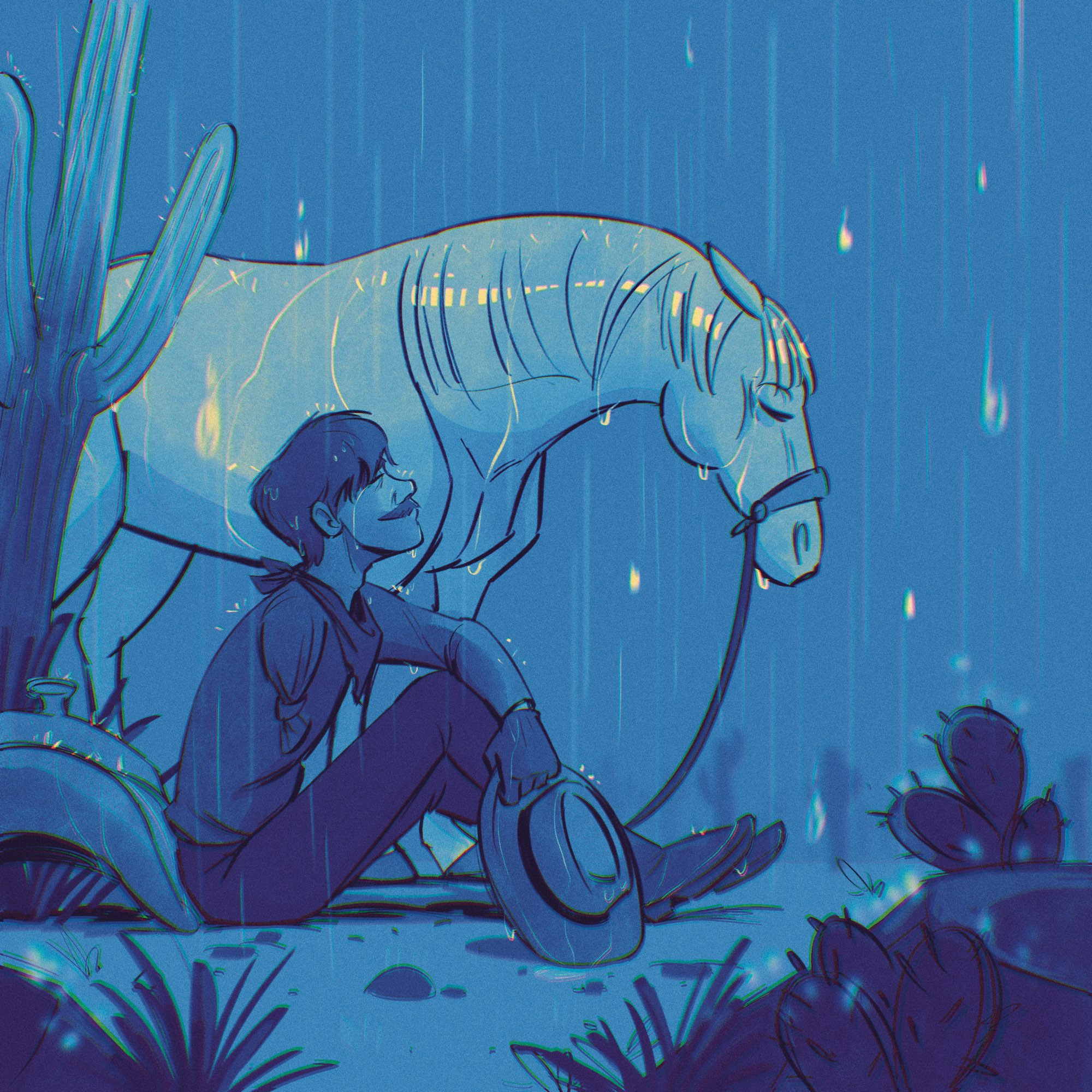 A digital painting of a one-armed cowboy sitting on the desert ground beside his horse. His eyes are closed and his head is titled up toward the sky as raindrops stream down his face and hair. The scene is bathed in cool blue hues.