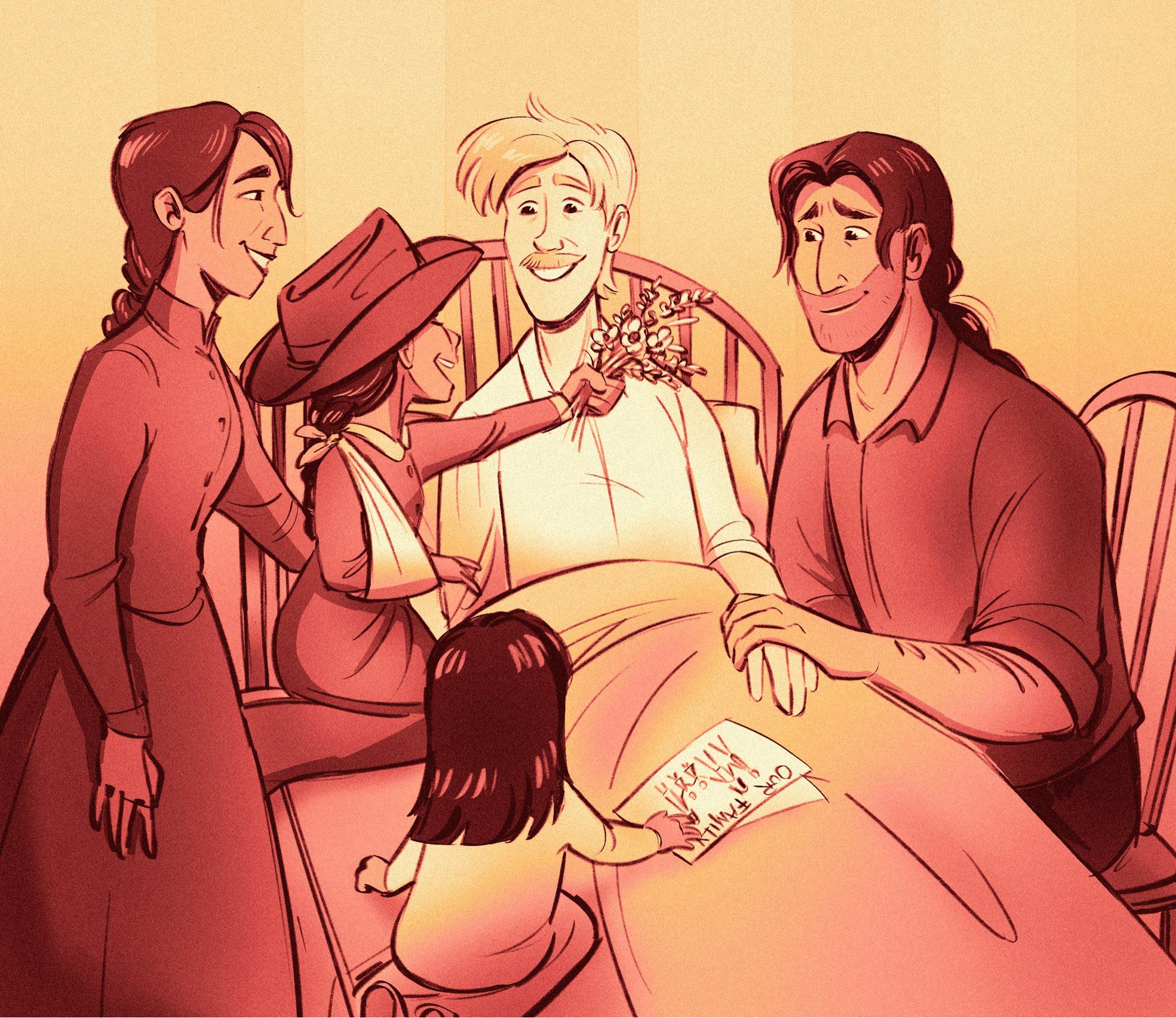 Digital illustration: Wyatt lays propped up in a bed surrounded by Clare and his family. Clare sits in a chair to his left, holding his hand. Daisy kneels at the head of the bed on the other side of Wyatt, holding out a small bouquet; she’s wearing her oversized cowboy hat and has her arm in a sling. Her younger sister kneels on the same side as her but closer to the foot of the bed, where she rests her hand on a stick figure drawing of the five of them. Patience stands at the side of the bed behind her daughters. Everyone is looking at Daisy and smiling, and the scene is washed in warm, coppery red-gold hues.