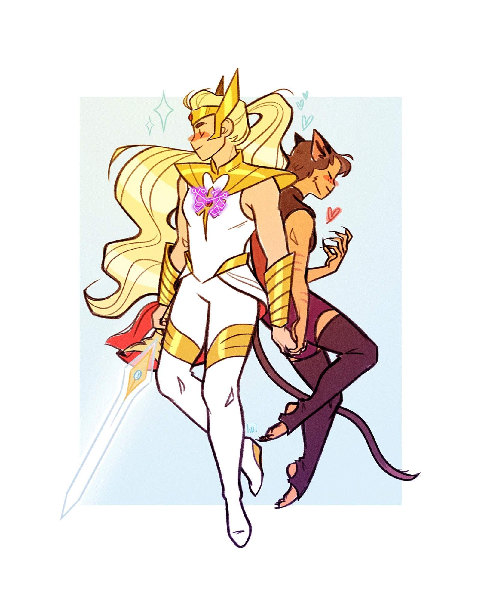 S5 She-Ra and Catra hover back to back, holding hands.