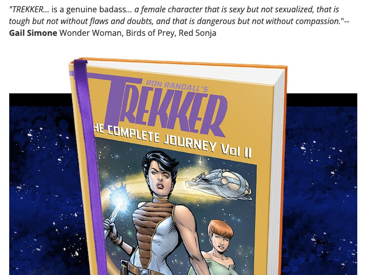 Shot of the cover to the TREKKKER hardcover collection with the quote from Gail Simone, "TREKKER... is a genuine badass... a female character that is sexy but not sexualized, that is tough but not without flaws and doubts, and that is dangerous but not without compassion."