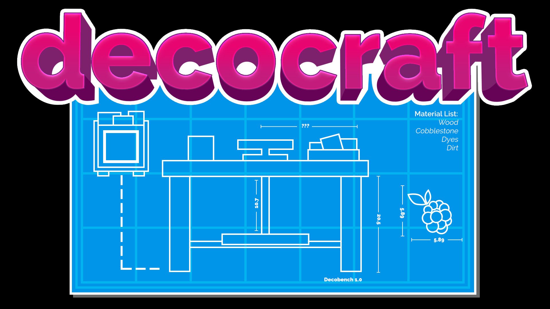 The word decocraft in hot pink with a white outline, top center, above some blueprints of the old decobench.