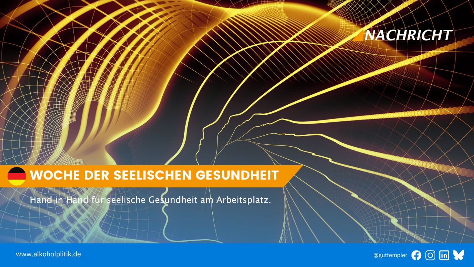 Anordnung von Profillinien des menschlichen Kopfes zum Thema Psyche. Darunter der Text: Woche der Seelischen Gesundheit. Hand in Hand für seelische Gesundheit am Arbeitsplatz.