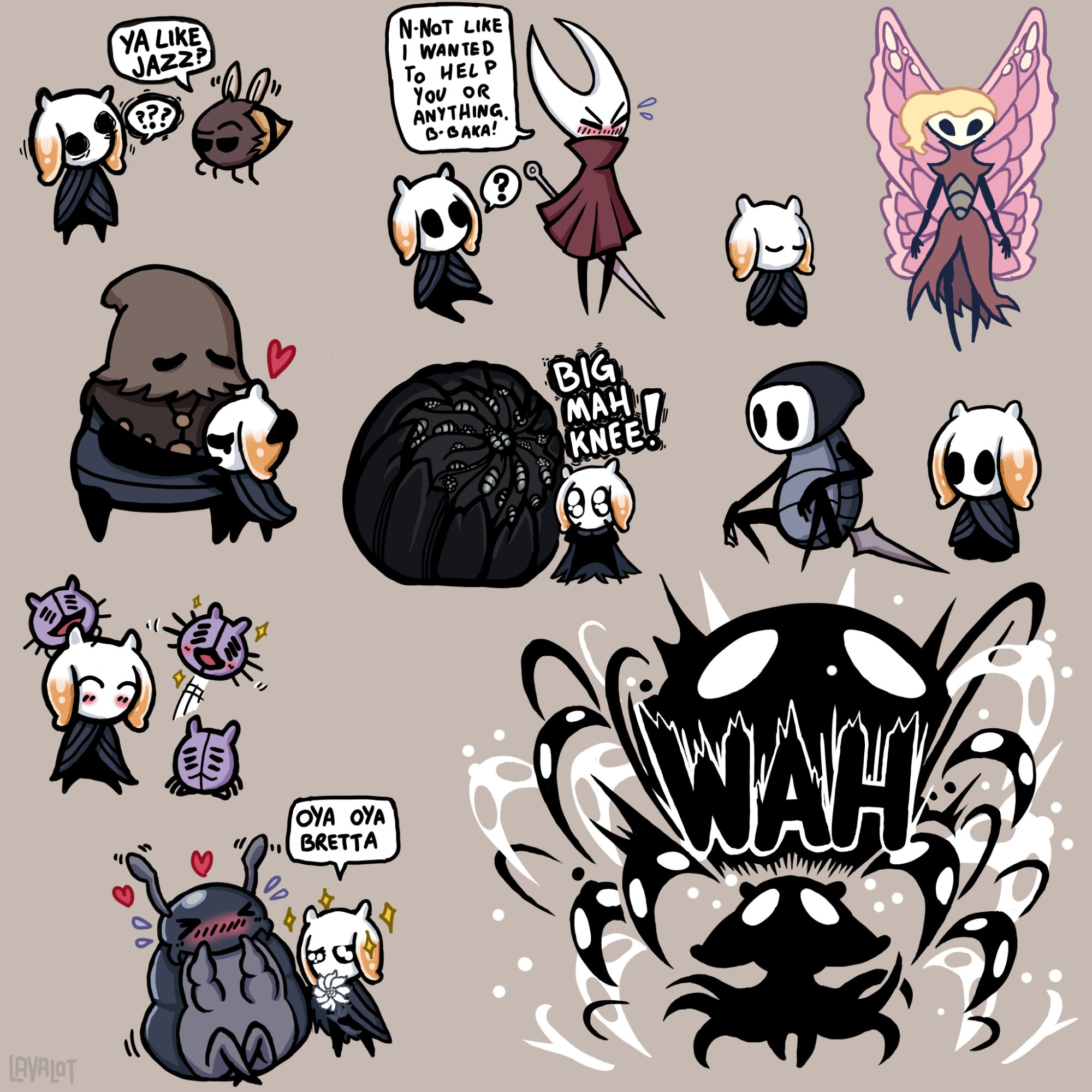 The final batch of Ina Hollow Knight doodles, featuring Quirrel, Bretta, Hornet, and Cloth.