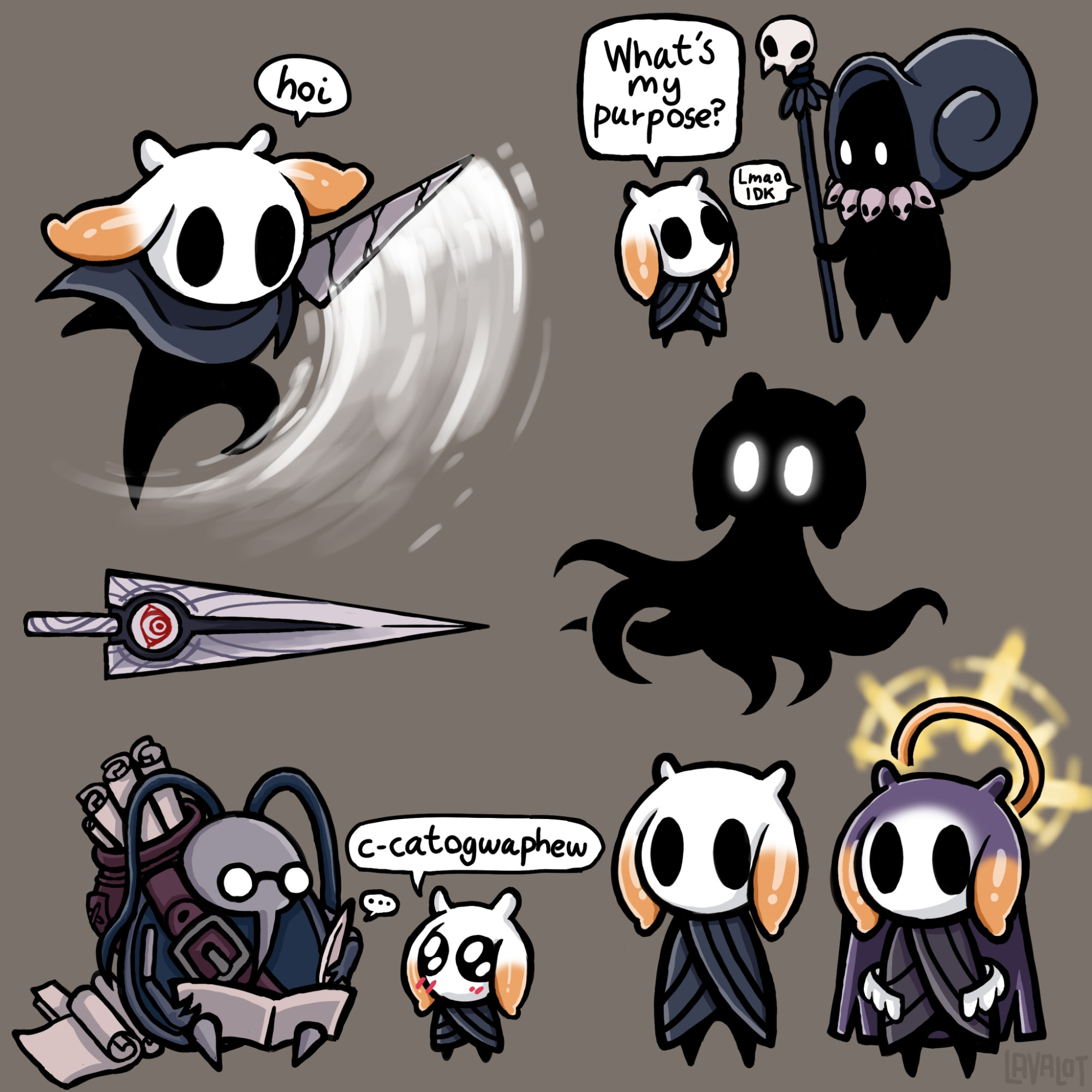 Several doodles of Hololives Ninomae Ina'nis as the knight from the game Hollow Knight.