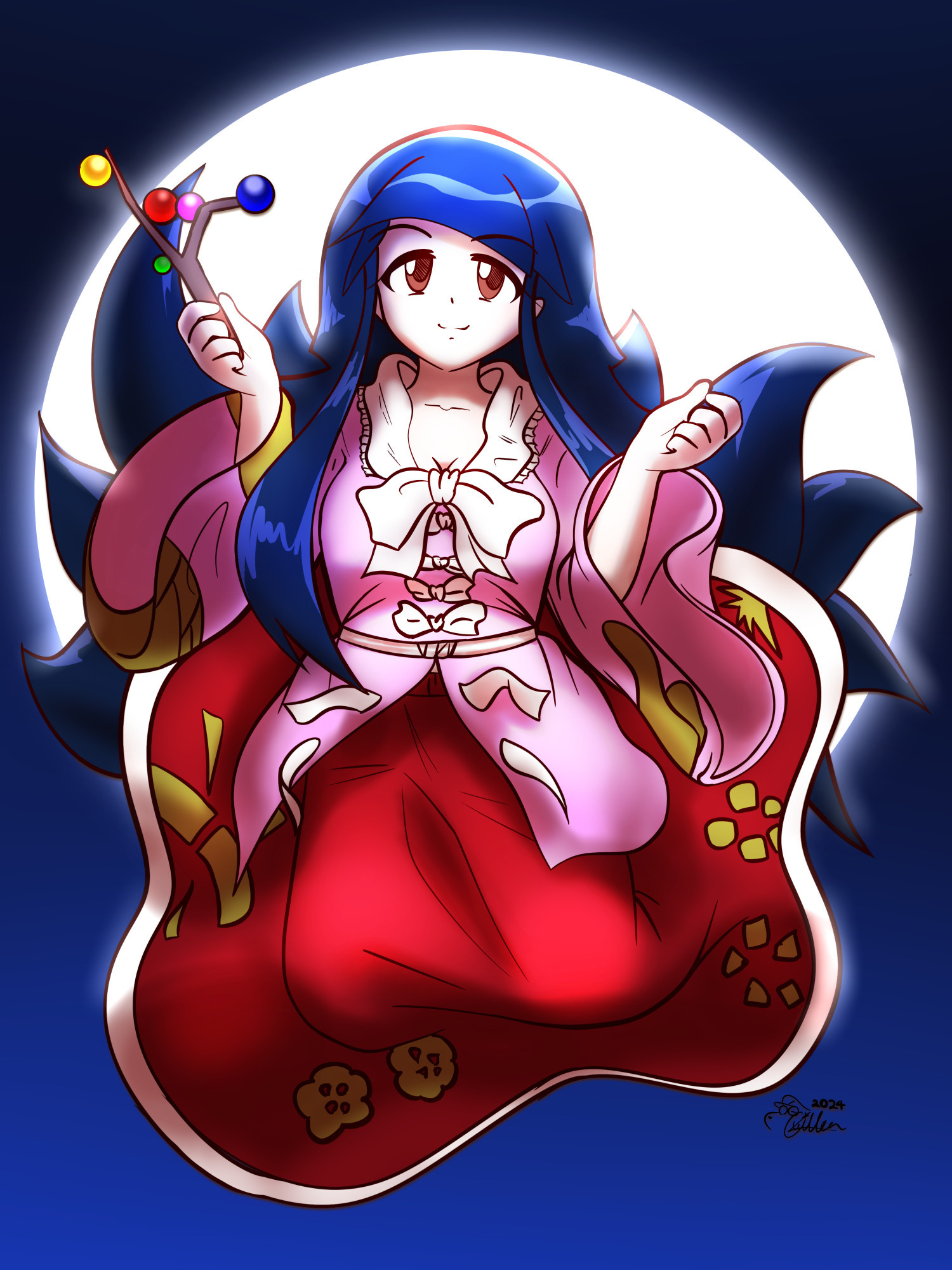 Lady Kaguya Houraisan from Touhou 8 Imperishable Night, shown floating in front of a full moon, the main cause of the game's story.