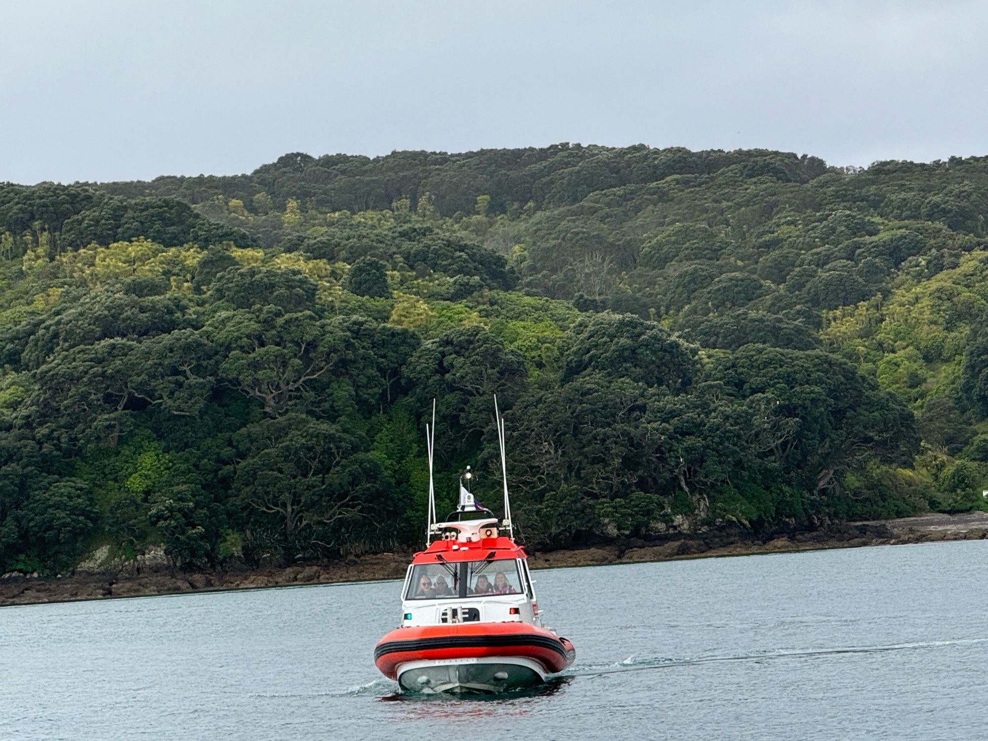 Bright orange Hibiscus Rescue 1 volunteer coastguard boat with Tiritiri Matangi island in the background