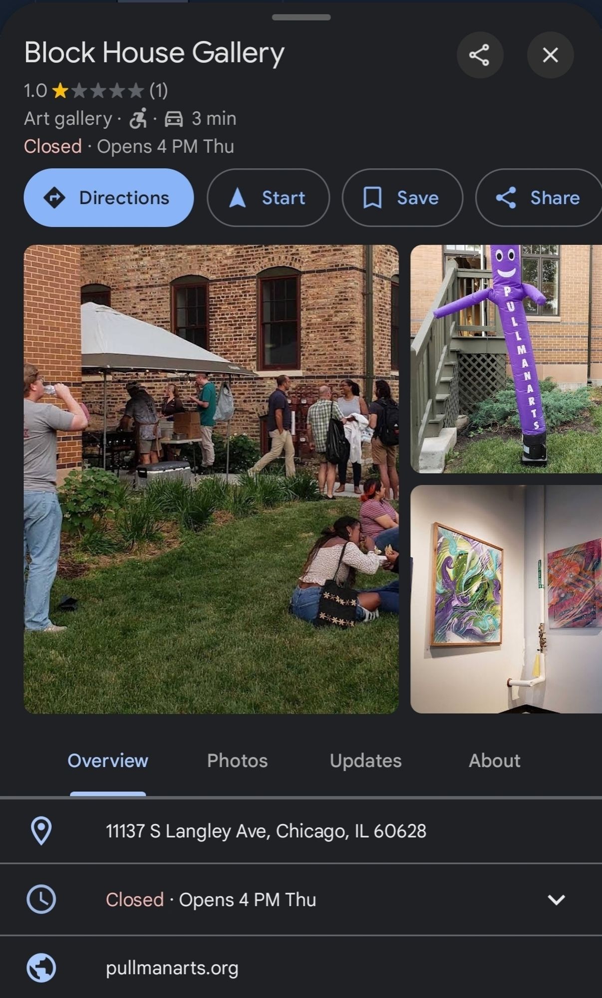 A screenshot of a Google Maps page for the Block House Gallery at 11137 S Langley Ave, Chicago, IL features photos from events and one single review, rating it one star