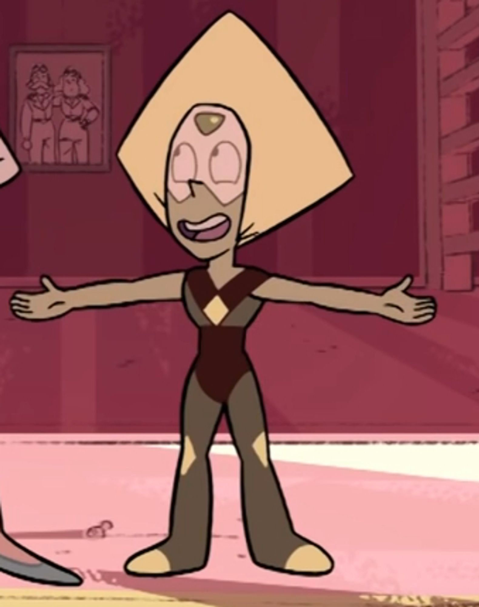 Peridot from the animated series "Steven Universe" as she is seen standing with her arms up smiling while in her usual outfit without her limb enhancers.