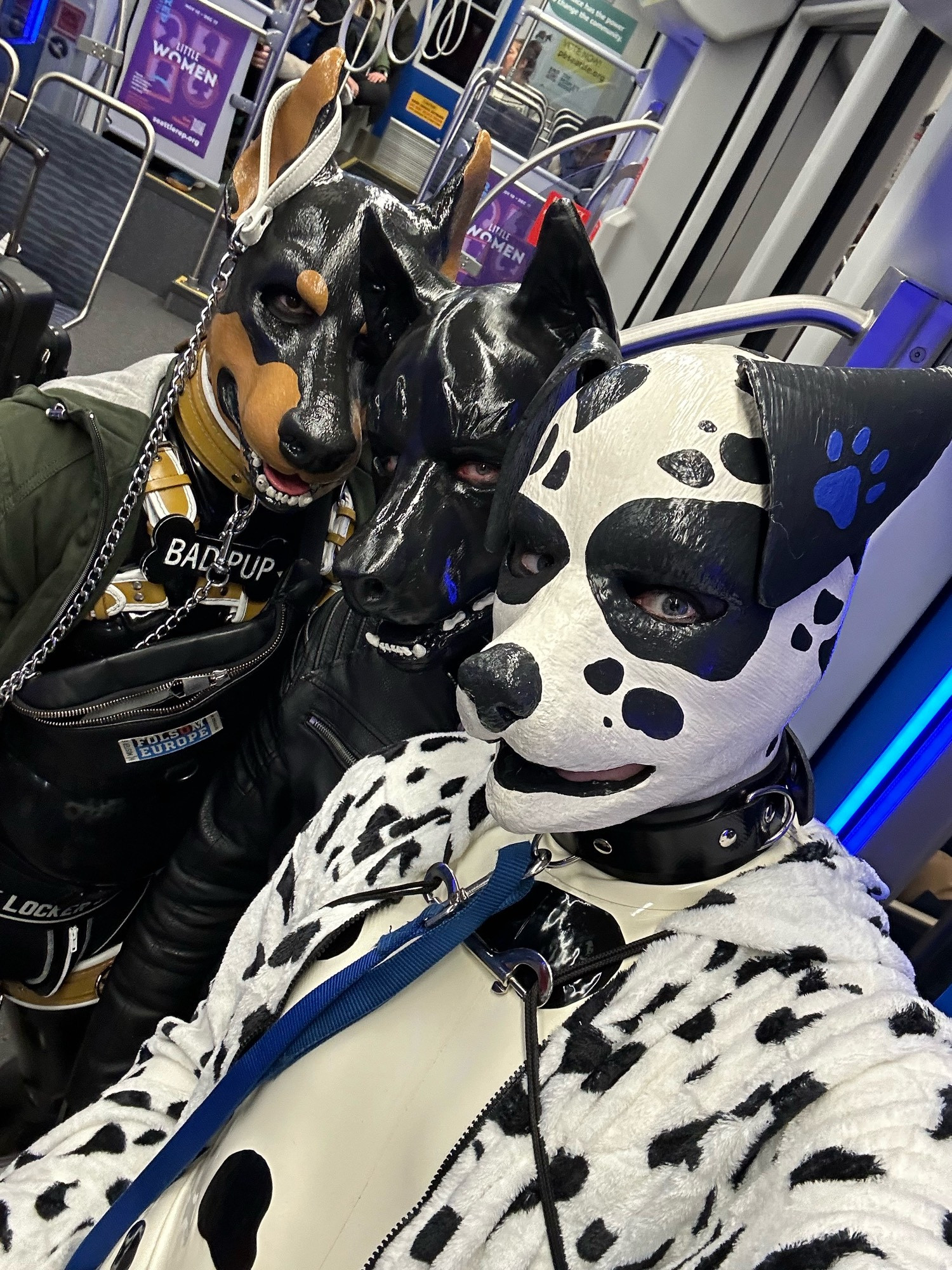 Three rubber dogs riding a Seattle light rail train