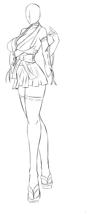 A pen sketch of Tomoe's default outfit, which is an altered Miko outfit, showing her cleavage, sideboob, and a skirt short enough to show what is underneath with just a gust of wind. 